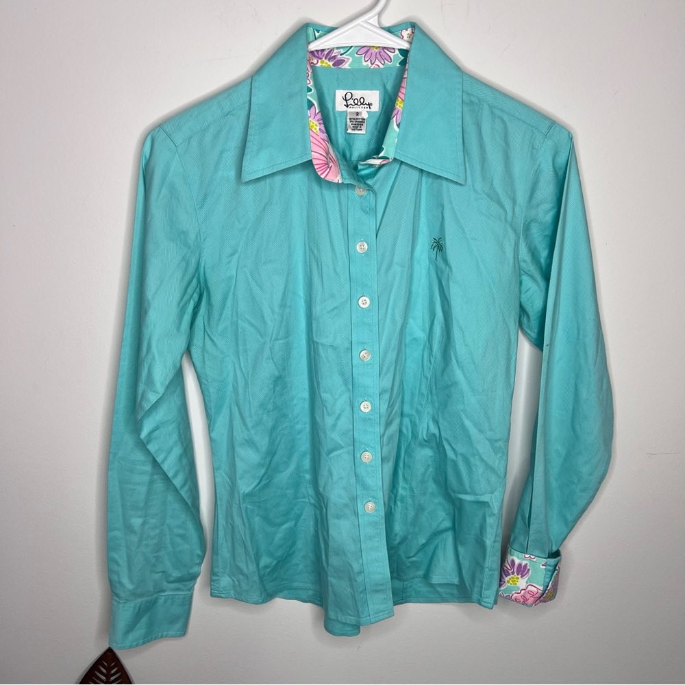 Lily Pulitzer Vintage Button Up Shirt Blue Long Sleeve Palm Logo A19